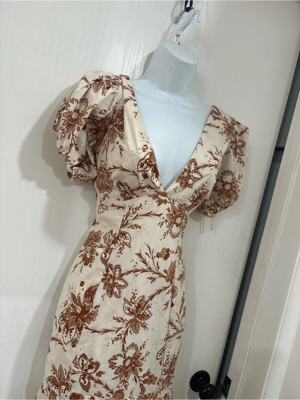 Bohemian cottagecore Ivory and Brown Floral V-Neck Puff Sleeve Dress